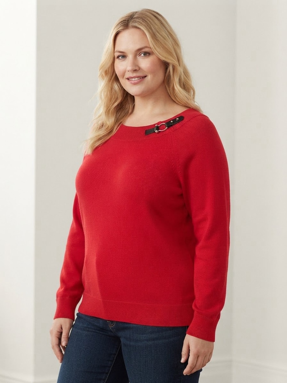 Lauren Ralph Lauren Red Cotton Sweater 2X Buckle Detail Boat Neck Long Sleeve